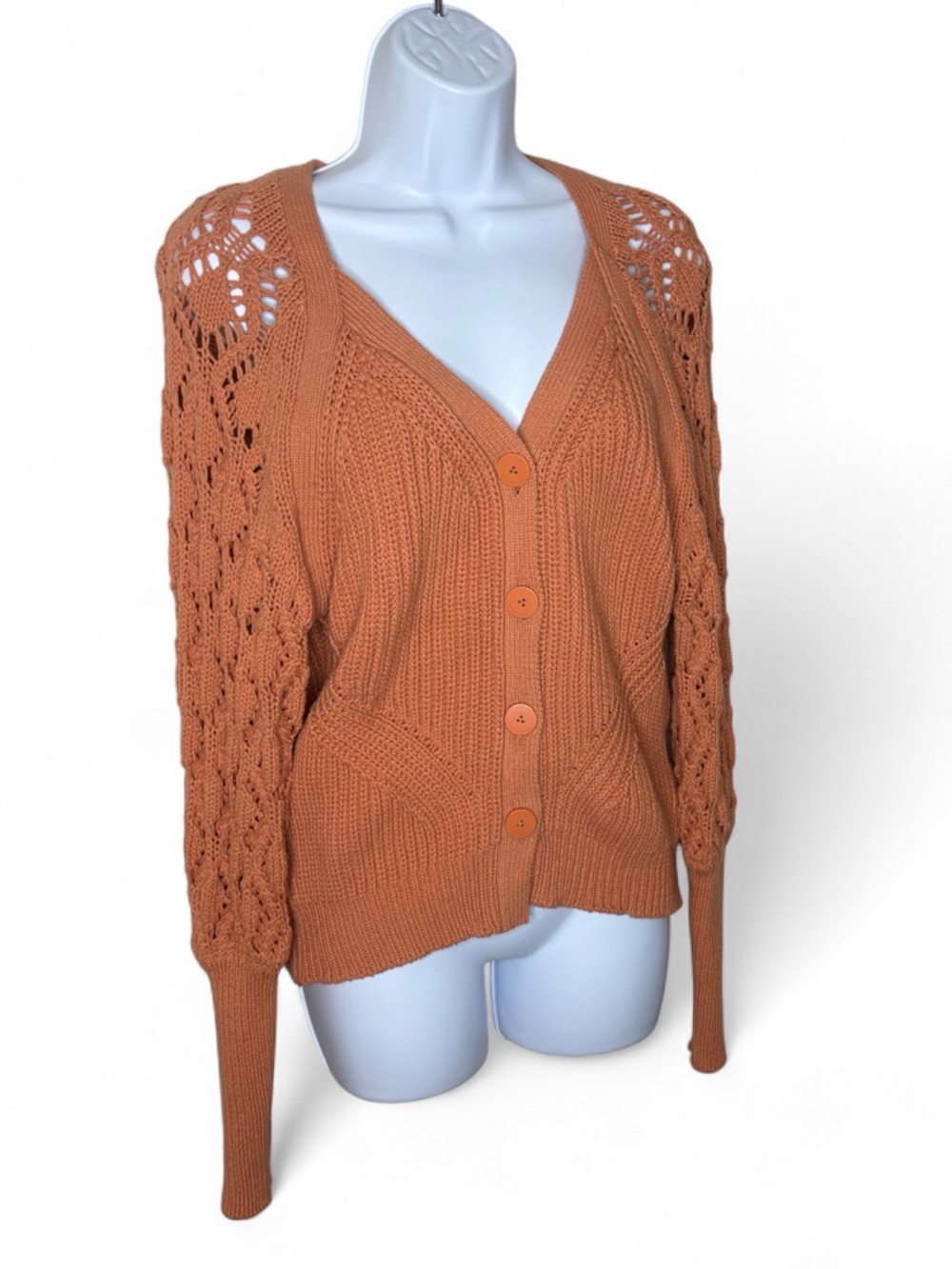Jonathan Simkhai Adeline Crochet Puff Sleeve Cardigan Sweater XS Cashew Rust